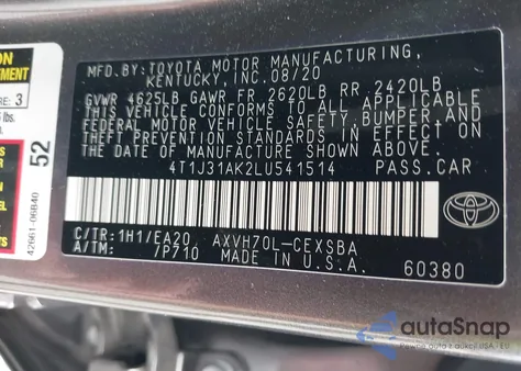 2020 Toyota Camry Se Hybrid из США, поврежденный, VIN 4T1J31AK2LU541514